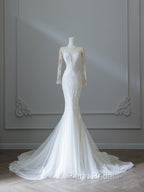 Unique Mermaid Scoop Neckline Long Sleeves Wedding Dresses White Brides Dresses