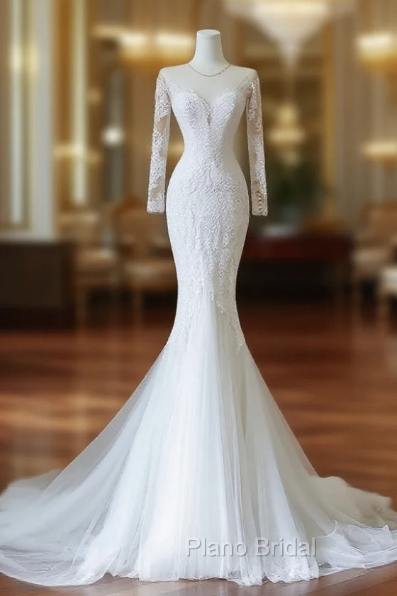 Unique Mermaid Scoop Neckline Long Sleeves Wedding Dresses White Brides Dresses Main image