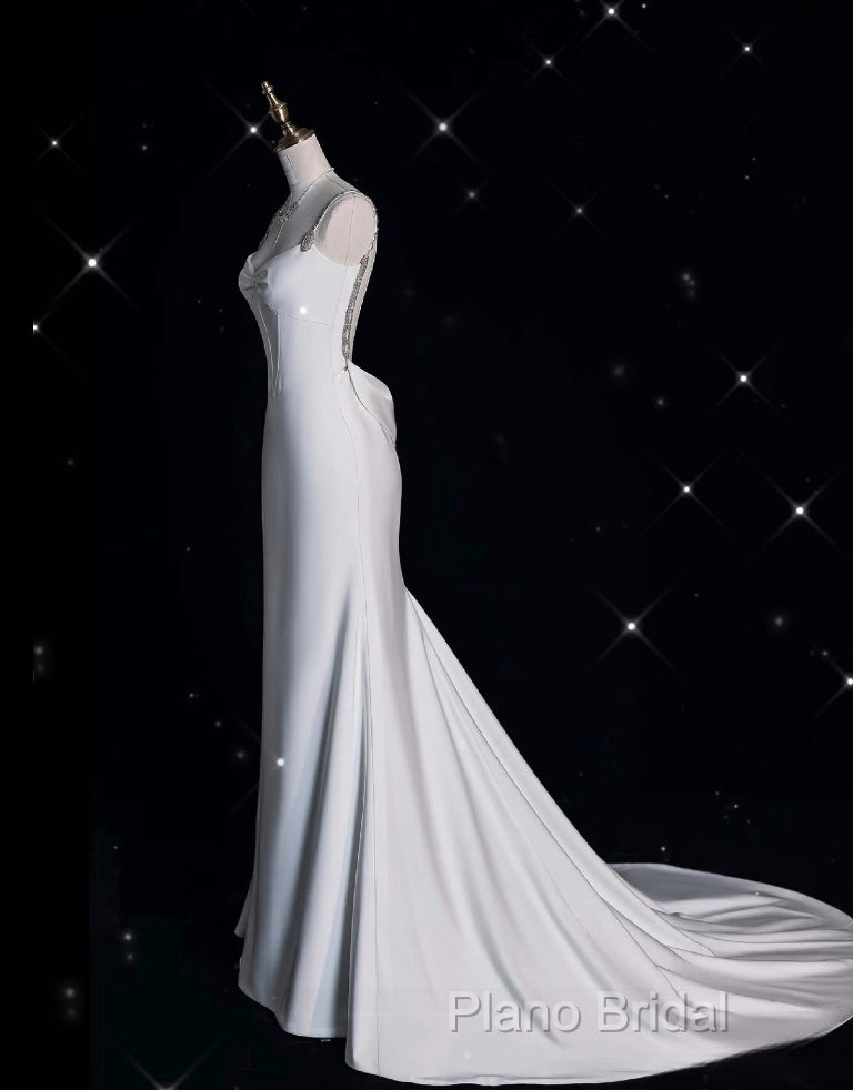 Unique Mermaid Spaghetti Straps Satin White Wedding Dresses Brides Dresses Secondary image