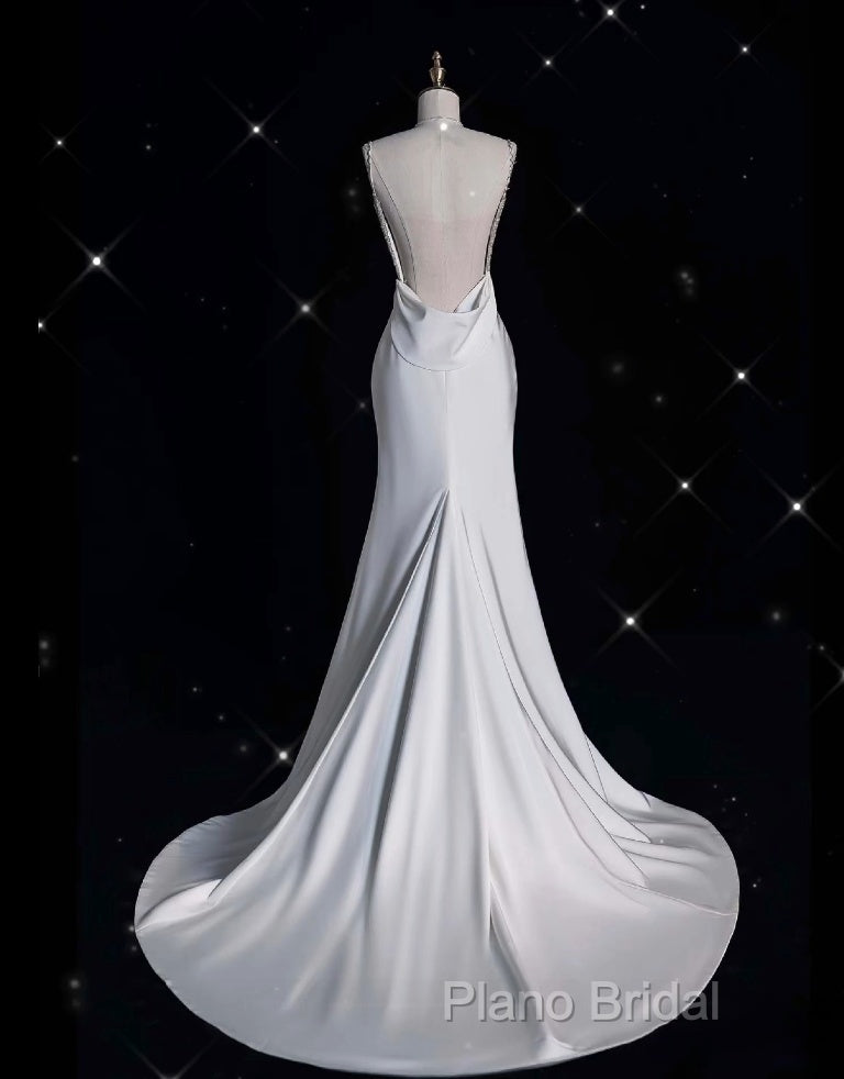 Unique Mermaid Spaghetti Straps Satin White Wedding Dresses Brides Dresses