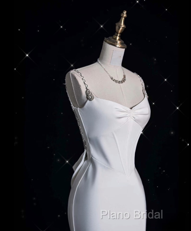 Unique Mermaid Spaghetti Straps Satin White Wedding Dresses Brides Dresses
