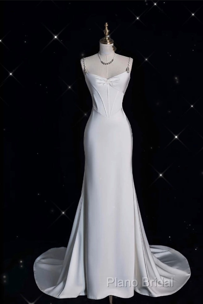 Unique Mermaid Spaghetti Straps Satin White Wedding Dresses Brides Dresses