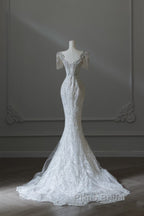 Unique Mermaid Square Neckline Short Sleeves Wedding Dresses White Brides Dresses