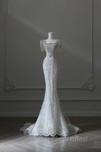 Unique Mermaid Square Neckline Short Sleeves Wedding Dresses White Brides Dresses