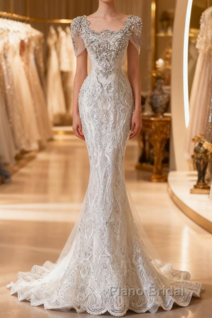 Unique Mermaid Square Neckline Short Sleeves Wedding Dresses White Brides Dresses Main image