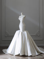 Unique Mermaid Strapless Ivory Satin Wedding Dresses Brides Dresses