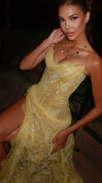 Unique Mermaid Sweetheart Yellow Lace Slit Formal Prom Dresses Long Party Dresses 21St Birthday Outfits Graduation Dresses