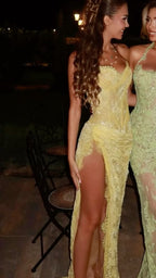 Unique Mermaid Sweetheart Yellow Lace Slit Formal Prom Dresses Long Party Dresses 21St Birthday Outfits Graduation Dresses