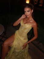 Unique Mermaid Sweetheart Yellow Lace Slit Formal Prom Dresses Long Party Dresses 21St Birthday Outfits Graduation Dresses