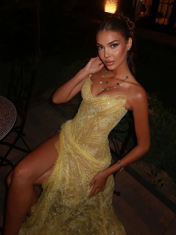 Unique Mermaid Sweetheart Yellow Lace Slit Formal Prom Dresses Long Party Dresses 21St Birthday Outfits Graduation Dresses