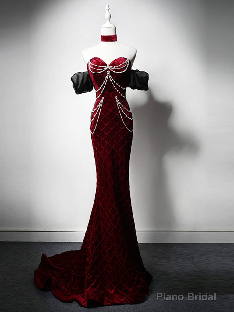 Unique Mermaid Velvet Burgundy Long Prom Dress, Burgundy Long Evening Dress Main image