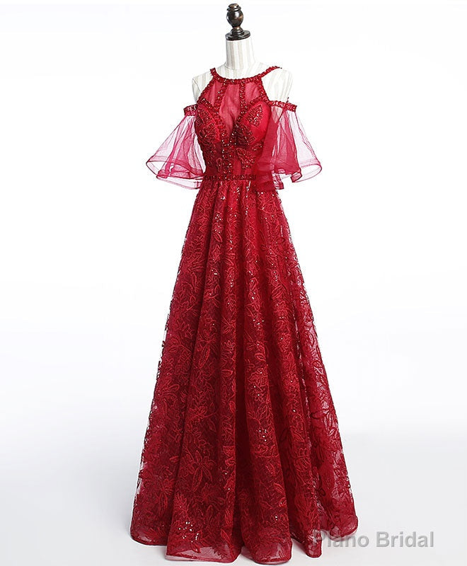 Unique Off Shoulder Tulle Lace Burgundy Long Prom Dress, Evening Dress Main image