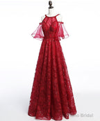 Unique Off Shoulder Tulle Lace Burgundy Long Prom Dress, Evening Dress