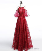 Unique Off Shoulder Tulle Lace Burgundy Long Prom Dress, Evening Dress