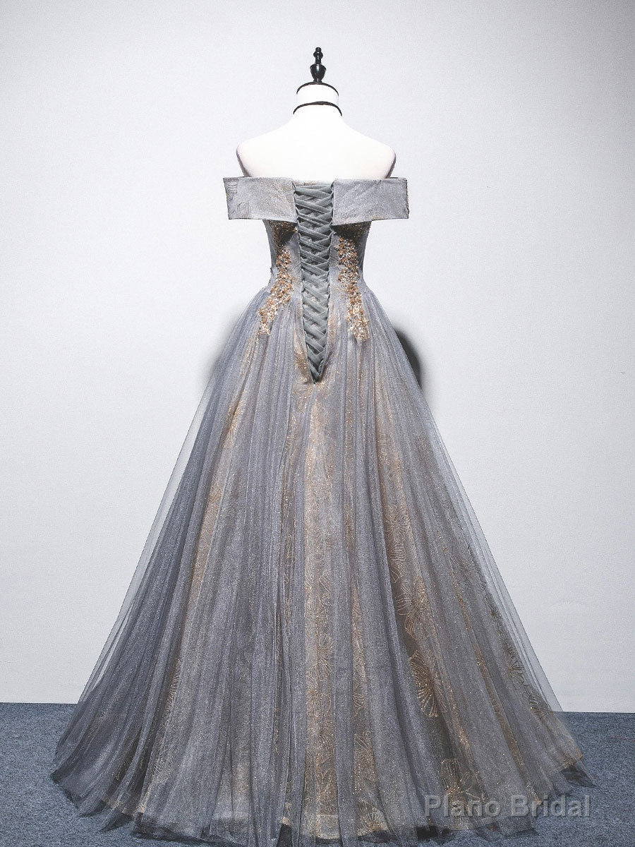 Unique Off Shoulder Tulle Long Gray Prom Dress, A line Tulle Lace Evening Dress Secondary image