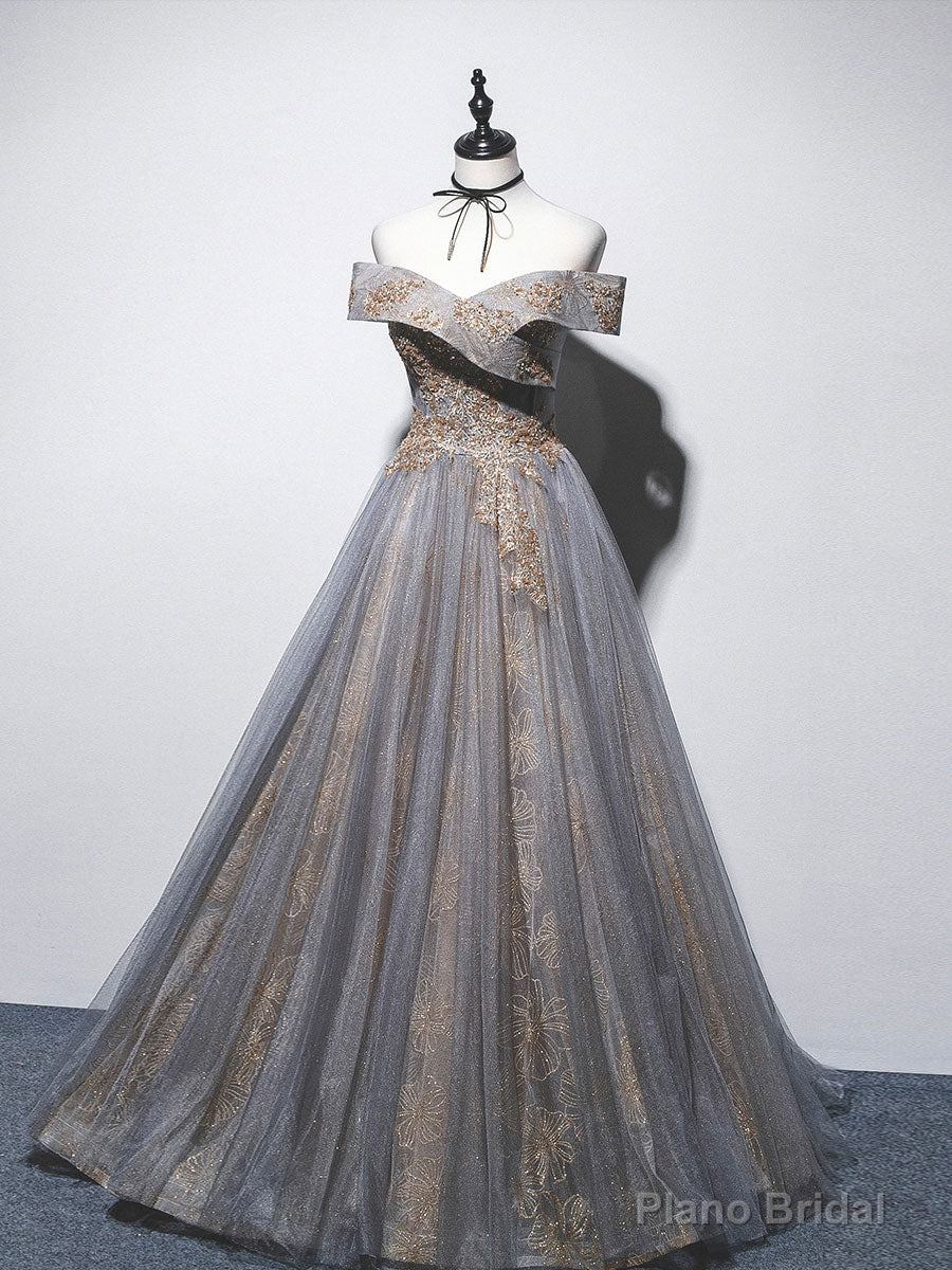 Unique Off Shoulder Tulle Long Gray Prom Dress, A line Tulle Lace Evening Dress Main image