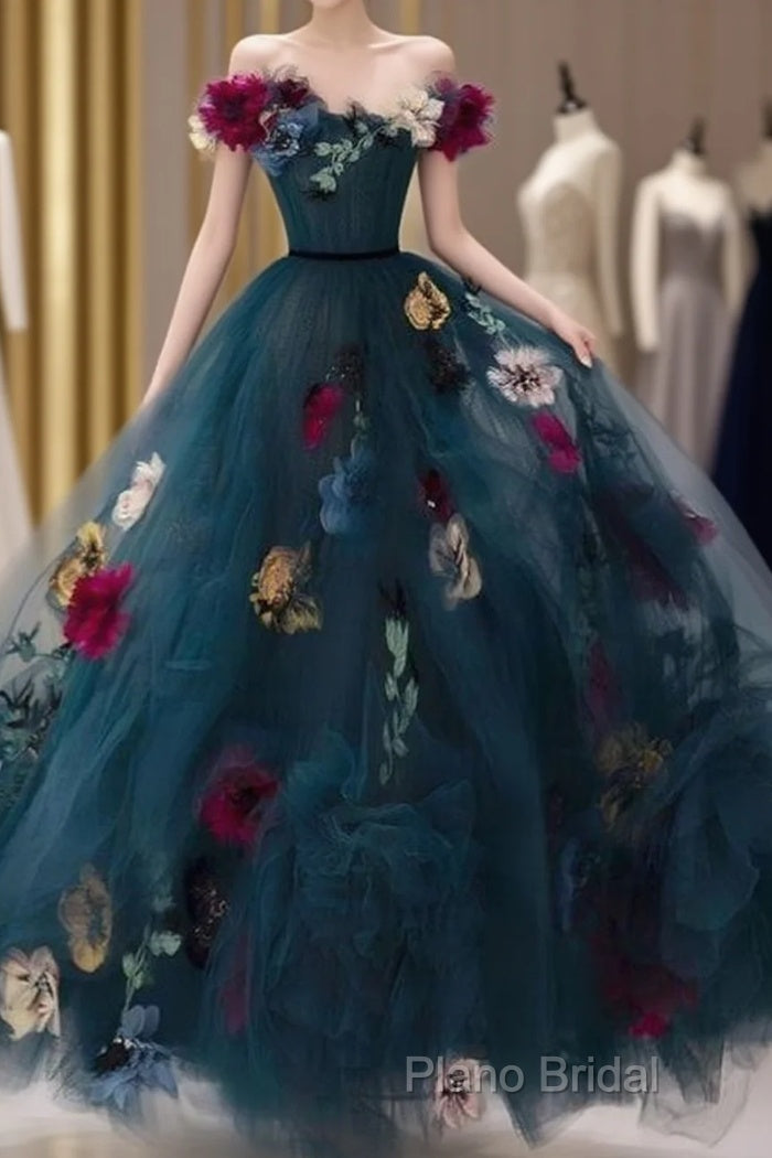 Unique Off The Shoulder Tulle Appliques Long Formal Dresses Formal Prom Dresses