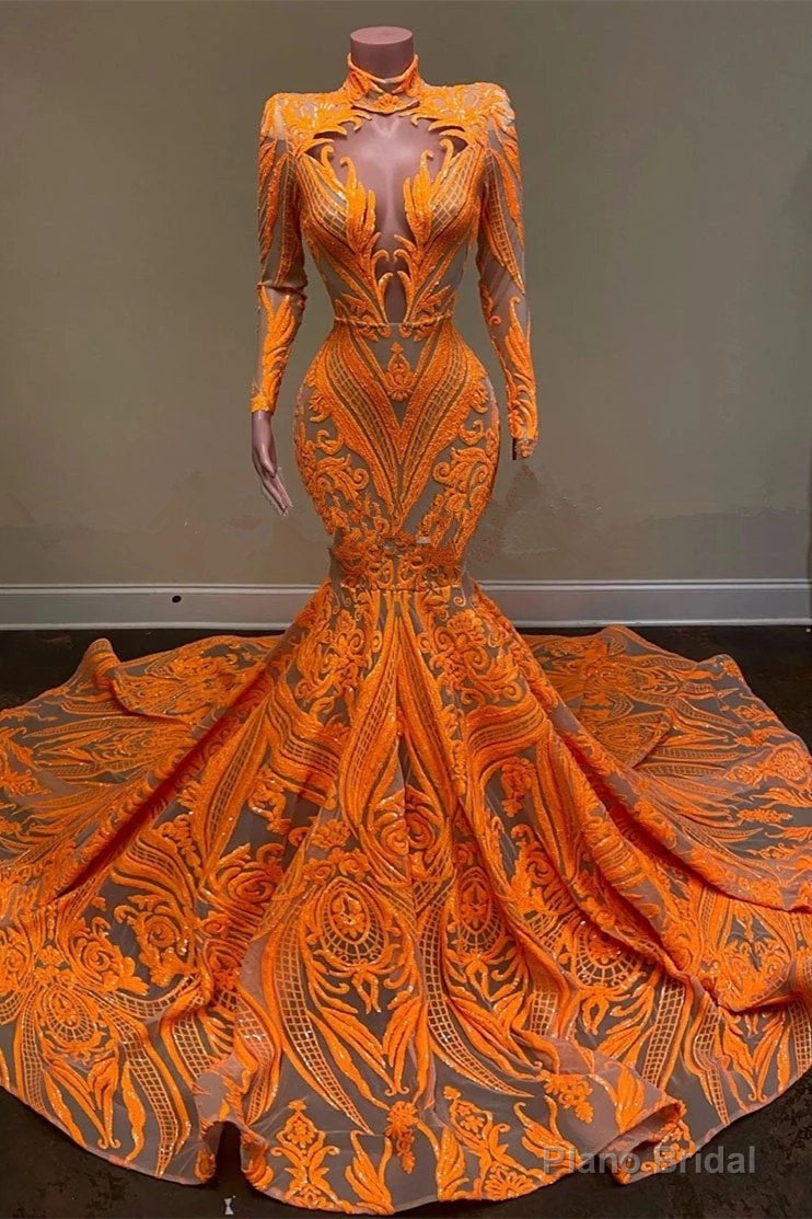 Unique Orange Long Sleeves Mermaid Prom Dress Sequins Secondary image