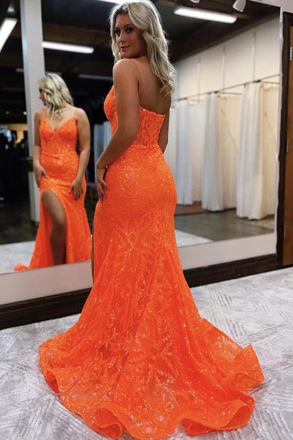 Orange Fashion Unique V-Neck Dresses Long Lace Mermaid Slim Fit Slit Ball Gown Formal Evening Dresses