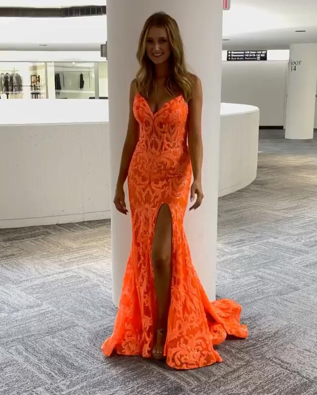 Orange Fashion Unique V-Neck Dresses Long Lace Mermaid Slim Fit Slit Ball Gown Formal Evening Dresses