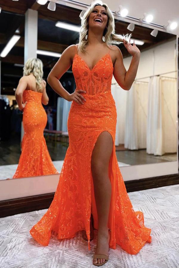 Orange Fashion Unique V-Neck Dresses Long Lace Mermaid Slim Fit Slit Ball Gown Formal Evening Dresses