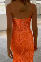 Orange Fashion Unique V-Neck Dresses Long Lace Mermaid Slim Fit Slit Ball Gown Formal Evening Dresses