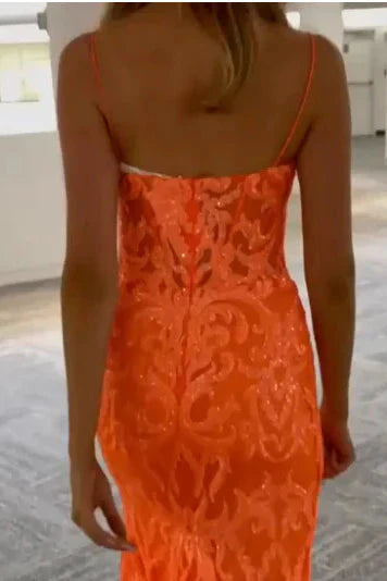 Orange Fashion Unique V-Neck Dresses Long Lace Mermaid Slim Fit Slit Ball Gown Formal Evening Dresses