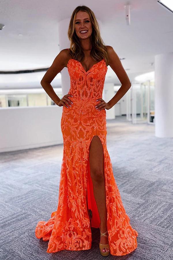 Orange Fashion Unique V-Neck Dresses Long Lace Mermaid Slim Fit Slit Ball Gown Formal Evening Dresses