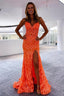 Orange Fashion Unique V-Neck Dresses Long Lace Mermaid Slim Fit Slit Ball Gown Formal Evening Dresses