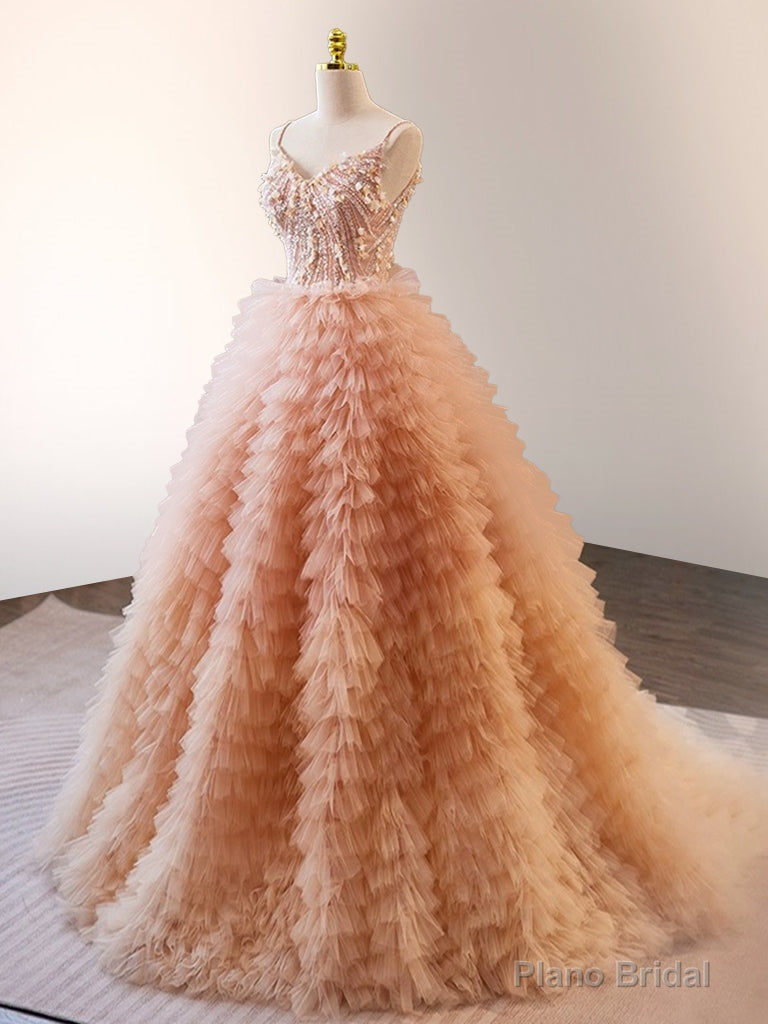 Unique Orange V Neck Tulle Sequin Orange Pink Long Quinceanera Dress Main image