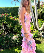 Unique Pink Ruffles Long Formal Prom Dresses Formal Evening Dresses