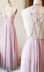 Unique Pink V Neck Long Formal Prom Dresses, Pink Evening Dresses