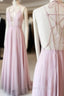 Unique Pink V Neck Long Formal Prom Dresses, Pink Evening Dresses