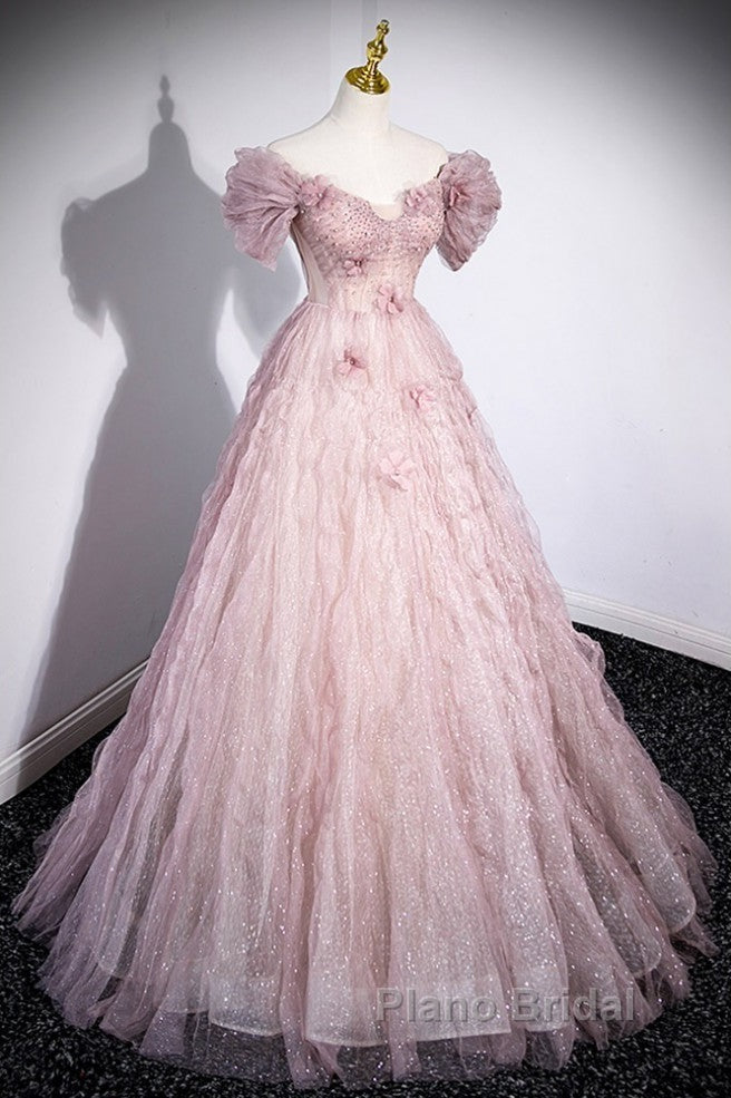 Unique Powder Blusher Pink Glitter Sequins Off Shoulder Rhinestone Applique Short Sleeve Formal Prom Dresses Powder Blusher Pink A-Line Princess Backless Strap Long Evening Dresses Secondary image