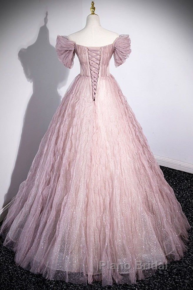 Unique Powder Blusher Pink Glitter Sequins Off Shoulder Rhinestone Applique Short Sleeve Formal Prom Dresses Powder Blusher Pink A-Line Princess Backless Strap Long Evening Dresses