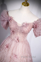 Unique Powder Blusher Pink Glitter Sequins Off Shoulder Rhinestone Applique Short Sleeve Formal Prom Dresses Powder Blusher Pink A-Line Princess Backless Strap Long Evening Dresses