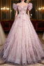 Unique Powder Blusher Pink Glitter Sequins Off Shoulder Rhinestone Applique Short Sleeve Formal Prom Dresses Powder Blusher Pink A-Line Princess Backless Strap Long Evening Dresses