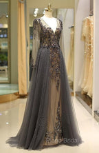 Unique Formal Prom Dresses Long Sleeves Tulle V-Neck Neckline Floor-Length A-Line,Evening Dresses, Formal Dresses