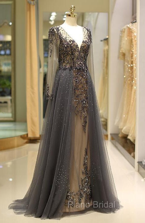 Unique Formal Prom Dresses Long Sleeves Tulle V-Neck Neckline Floor-Length A-Line,Evening Dresses, Formal Dresses Secondary image