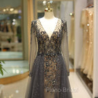 Unique Formal Prom Dresses Long Sleeves Tulle V-Neck Neckline Floor-Length A-Line,Evening Dresses, Formal Dresses