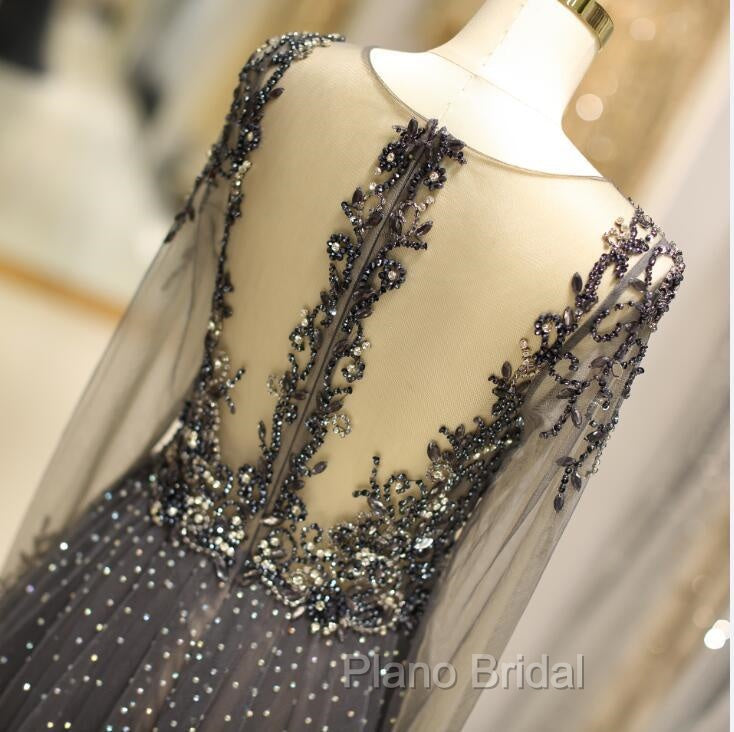 Unique Formal Prom Dresses Long Sleeves Tulle V-Neck Neckline Floor-Length A-Line,Evening Dresses, Formal Dresses