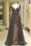 Unique Formal Prom Dresses Long Sleeves Tulle V-Neck Neckline Floor-Length A-Line,Evening Dresses, Formal Dresses