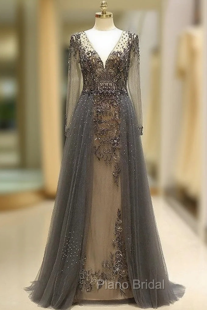 Unique Formal Prom Dresses Long Sleeves Tulle V-Neck Neckline Floor-Length A-Line,Evening Dresses, Formal Dresses Main image