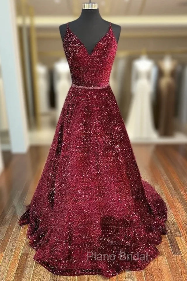 Unique Formal Prom Dresses, A-line V Neck Spaghetti Straps Long/Floor-Length Velvet Sequins Formal Prom Dresses With Beading Main image