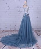 Unique Round Neck Applique Tulle Long Formal Prom Dresses, Tulle Evening Dresses