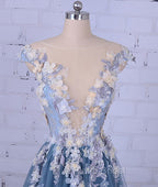 Unique Round Neck Applique Tulle Long Formal Prom Dresses, Tulle Evening Dresses