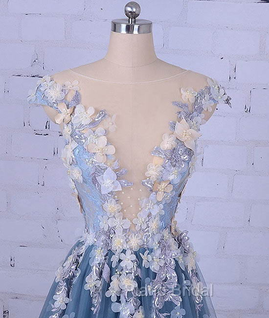 Unique Round Neck Applique Tulle Long Formal Prom Dresses, Tulle Evening Dresses