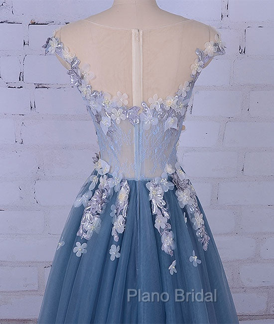 Unique Round Neck Applique Tulle Long Formal Prom Dresses, Tulle Evening Dresses