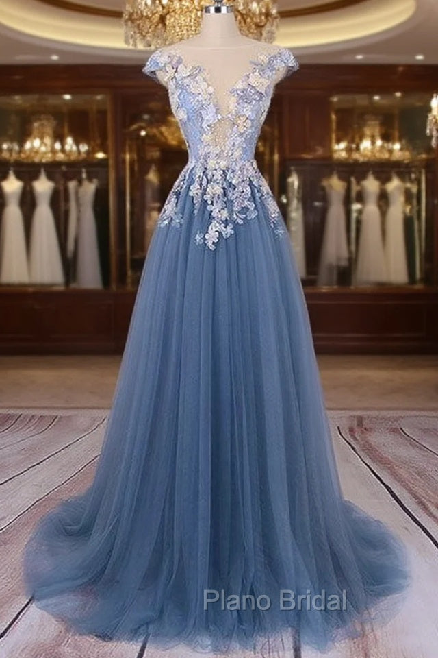 Unique Round Neck Applique Tulle Long Formal Prom Dresses, Tulle Evening Dresses Main image