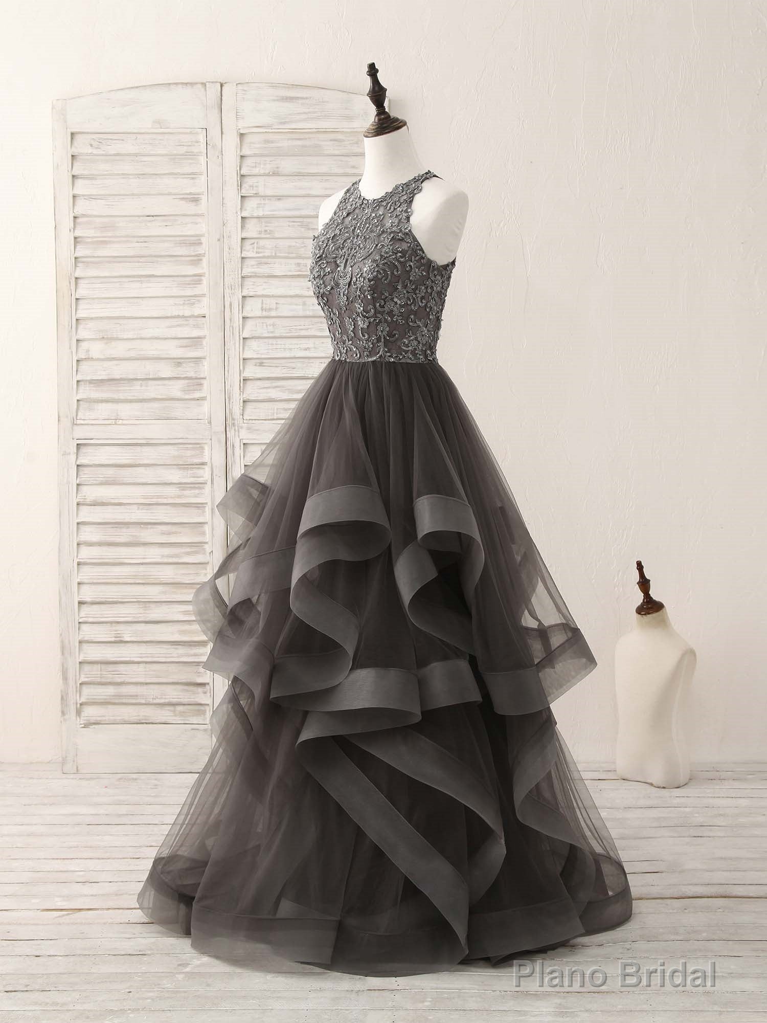 Unique Round Neck Lace Applique Tulle Long Prom Dresses Secondary image